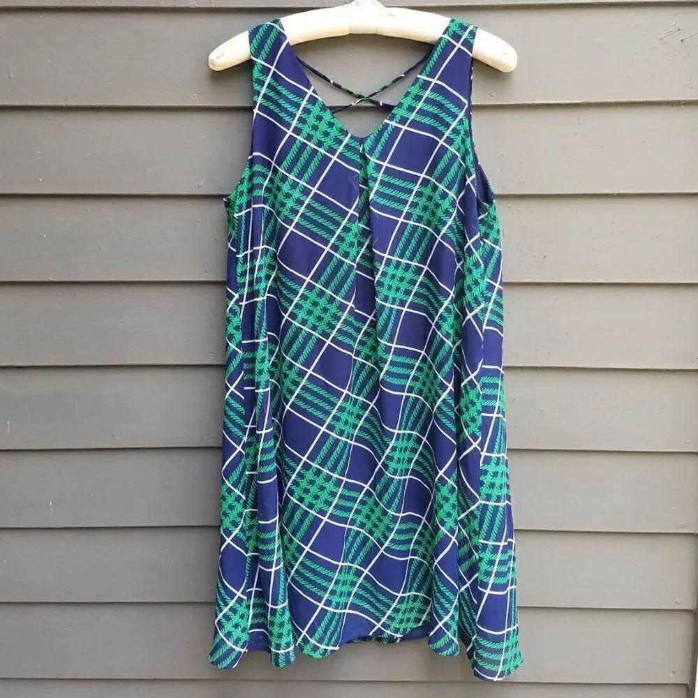Charming Charlie C Navy Green Plaid Pop Over Dress Size Medium